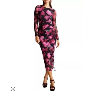 Ted Baker Lilzaan Bodycon Dress with Bow Drawstring in Pink and Black Floral